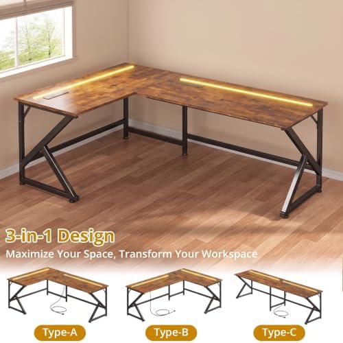 39.4'' L Shaped Gaming Desk with LED Lights & Power Outlets, Rustic Brown - Image 5