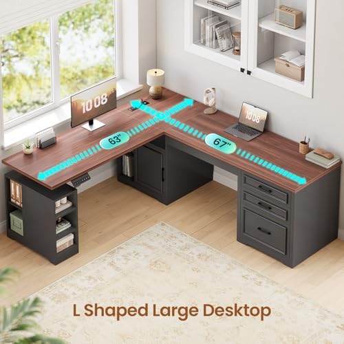 SEDETA Farmhouse L Shaped Electric Standing Desk, 63" x 67" Height Adjustable Office Executive Desk with Drawers and Shelves, Standing Computer Desks with Power Outlet for Home Office, Black+Brown - Image 5
