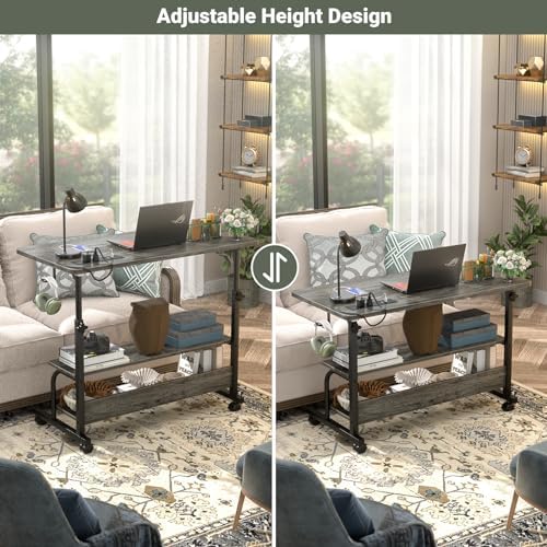 32" Height Adjustable Standing Desk with Power Outlets - Manual Rolling Stand Up Desk with Wheels Small Portable Computer Desk Mobile Laptop Table with Storage Shelves for Home Office, Grey Oak - Image 6