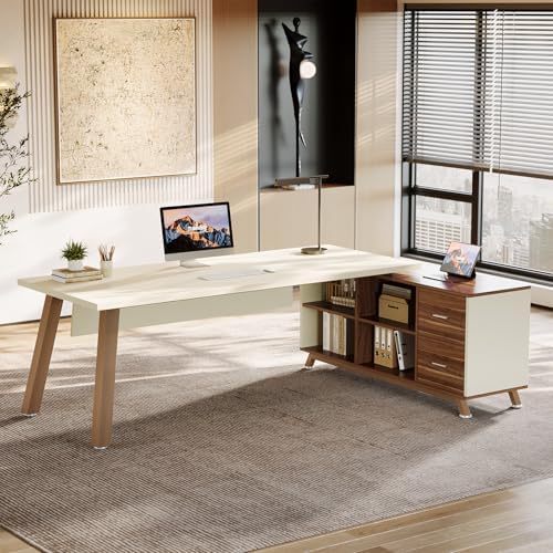 Tribesigns 78.7" L-Shaped Executive Desk, Modern Office Desk with File Drawers & Storage Shelves, Large Computer Desk with 55-Inch Cabinet, Business Workstation for Home Office, Beige & Walnut - Image 3