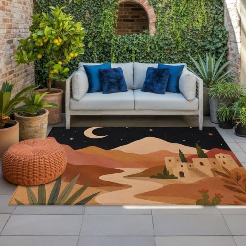 Boho Desert Night 6x9 Waterproof Outdoor Rug with Non‑Slip Backing Celestial Sky Stars Village Houses Machine Washable Deck Patio Rug Mat for Camping, RV, Garden, Balcony Pool by Unknown