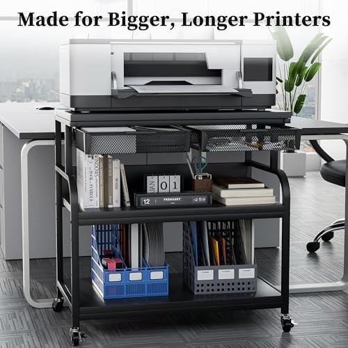 EasyCom 32.3"×18.9" XL Printer Stand with Double Drawers & Wheels - Image 2