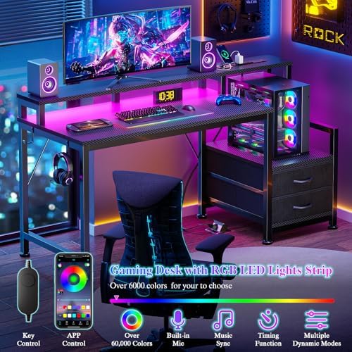 Furologee 47" Gaming Desk with LED Lights & USB-C Port, Carbon Fiber Black - Image 3