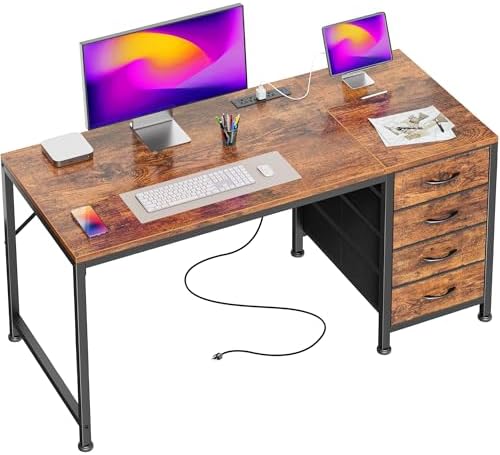 PRAISUN 47.2 Inch Computer Office Desk with Power Outelts and USB-C Port, Reversible Gaming Desk with 4 Fabric Drawers, Work Study Desk Work from Home, Rustic Brown by PRAISUN