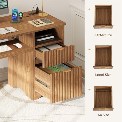 Bestier 55 Inch Computer Desk with Drawers, Power Outlet, Brown Oak - Image 5