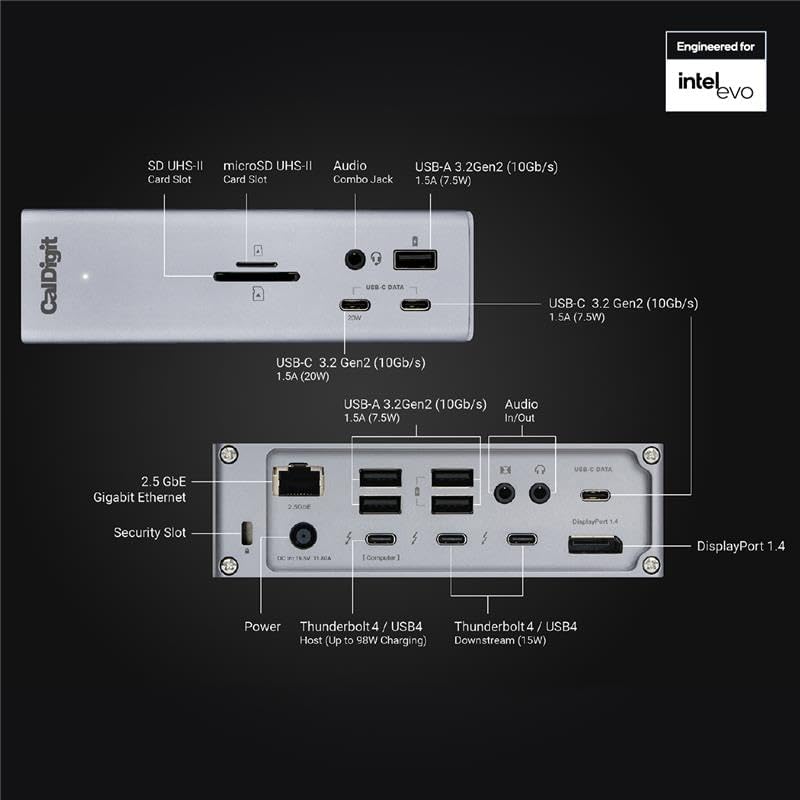 CalDigit TS4 18 Port Thunderbolt 4 Dock, 98W Charging, 3X TBT4 (40Gb/s), 3X USB-C + 5X USB-A (10Gb/s), 2.5GbE LAN, 8K@30Hz or 2X 6K@60Hz Displays, Mac/Windows/Chrome, Space Gray, 0.8m Certified Cable - Image 2