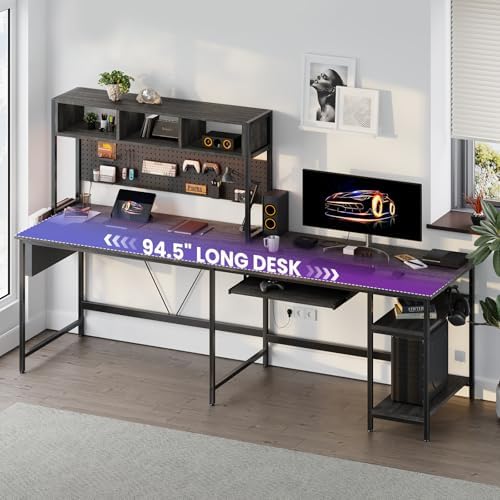 DUMOS 67" L Shaped Gaming Desk, Reversible Computer Desks with LED Lighting, Corner Desk for Compact Spaces with Keyboard Tray & Storage Shelf, Metal Frame PC Gaming Table for Home Office, Gray - Image 2