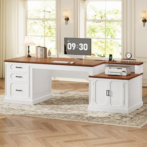 SEDETA Farmhouse 70.9" Executive Desk, Home Office Desk with File Drawers and Storage Cabinet, Computer Desk with Power Outlet for Home Office, Work Study Writing, White+Brown by SEDETA