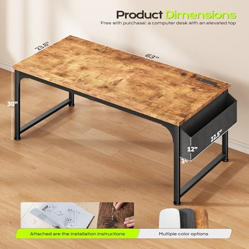 DurayLoly 63 x 24 inch Large Computer Desk, 24mm Thick Desktop with Power Outlets, RGB LED, Office Desk with Detachable Stand, 150LBS Heavy Duty, Spacious Desk for Multi-Tasking Workers, Brown - Image 3