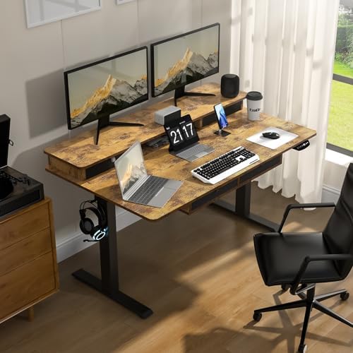 Electric Standing Desk, 63 * 30 Inches Adjustable Height with 4 Drawers, Double Storage Shelves Stand Up Desk, Home Office Workstation Sit Stand up Desk (Rustic Brown) - Image 2