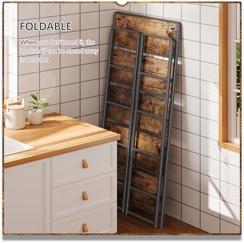 4NM No Assembly 5 Tier Folding Bookshelf Tall Storage Shelves Vintage Bookcase Standing Racks Study Organizer Home Office - Image 4