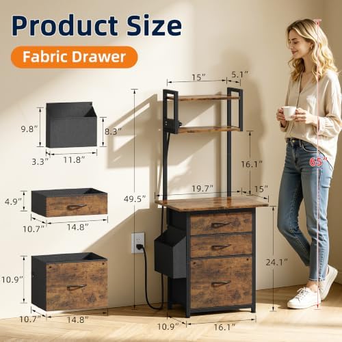 HIGDBFE 3 Drawer File Cabinet with Charging Station, 49.5''H Tall, 3-Tier Small Filing Cabinet for Home Office, 20''*15'' for Small Printer, Fabric Drawer, Printer Stand, Rustic Brown - Image 2