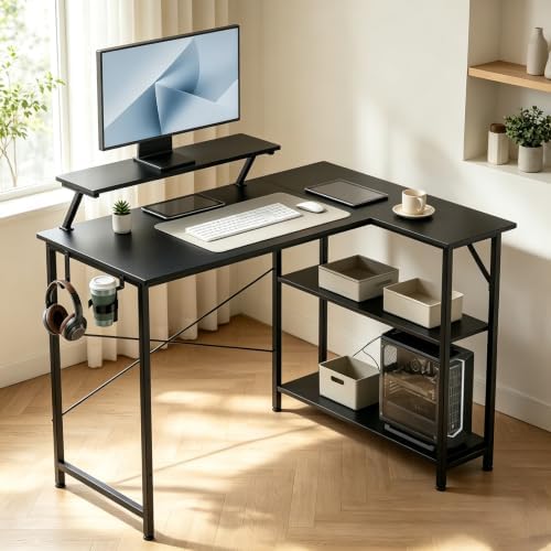 GTPLAYER 42inch L Shaped Gaming Desk with Power Outlets, LED Lights, Black - Image 7