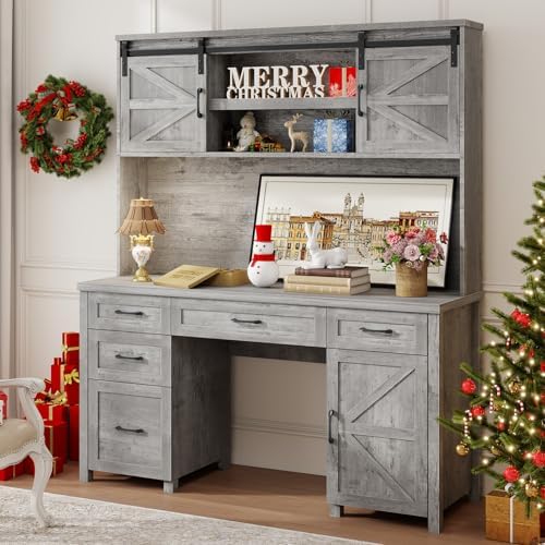 Vabches Farmhouse 67" H Executive Desk with Hutch & 5 Drawers,Grey - Image 7