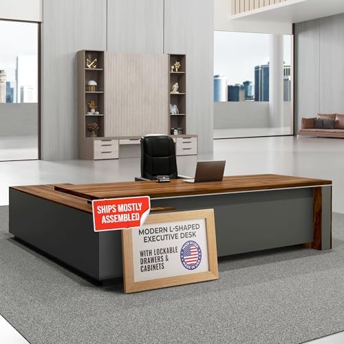 OfficeSimpli L Shaped Executive Desk with Drawers, Made in USA, 84x72x30 in by OfficeSimpliUS