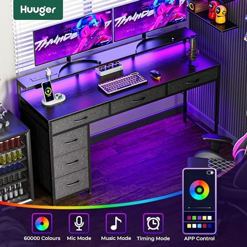 Huuger Gaming Desk with 6 Drawers, Computer Desk with LED Lights Power Outlets and Type-C, 55 Inch Office Desk with Storage, Monitor Stand, Writing Desk Work Desk Home Office, Bedroom, Black, 1CD102B - Image 6