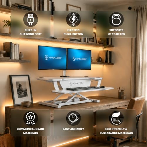 VERSADESK PowerPro 40 Inch Electric Standing Desk Converter – Push-Button Height Adjustable Sit to Stand Desk Riser for Triple Monitors & Laptop – Motorized Desktop Workstation with Wide Keyboard Tray - Image 3