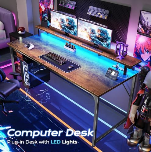 PRAISUN 55 inch Gaming Desk, LED & Outlets, Monitor Stand, Rustic Brown - Image 4