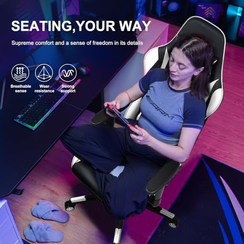 GTPLAYER Gaming Chair with Footrest, Ergonomic Computer Game Desk Chair, Reclining Gamer Chair Seat Height Adjustment, Swivel Rocker with Headrest and Lumbar (White) - Image 4