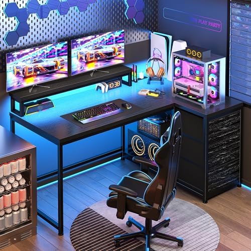 EnHomee 40" Gaming Desk with 3 Storage Drawers&LED for Teen Gamers, Reversible Corner Computer Desk with Power Outlet & Shelves for Home Office Bedroom, L Shaped Teen PC Desk with Monitor Stand,Black by EnHomee