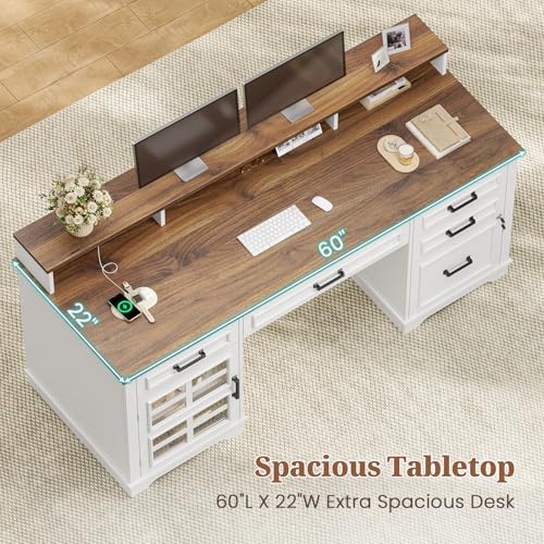UPOSOJA 60'' Farmhouse Executive Desk with Drawers, Home Office Desk with Power Outlet & LED Light, Wood Computer Desk with Monitor Stand, Locking File Drawer, Glass Storage Cabinet, Hooks, White - Image 5