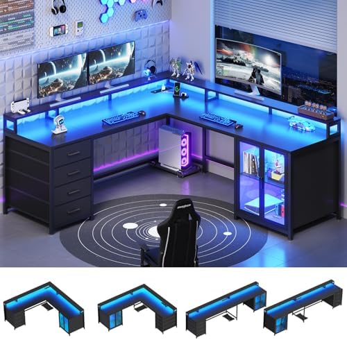 SEDETA L Shaped Gaming Desk with 4 Drawers, 109” Computer Desk with Display Cabinet, Home Office Desks with 2 Monitor Stands, CPU Stand, LED Lights and Power Outlet, Black by SEDETA