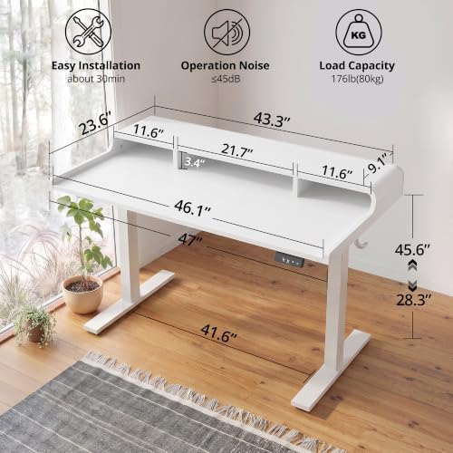 TIQLAB Standing Desk with Storage, 47"×24" Electric Adjustable Desk with Monitor Shelf for Home Office, Stand Up Desk for Study, Work, Writing, White - Image 2