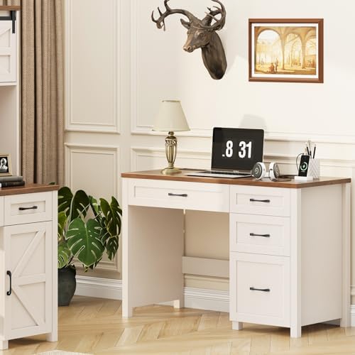 Farmhouse 47" Executive Desk, Computer Desk with File Drawer, Unique White - Image 7
