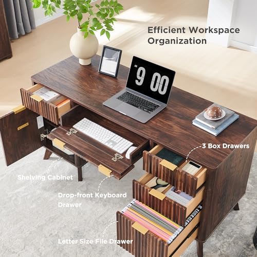 T4TREAM 60" Modern Fluted Executive Desk with Drawers, Dark Walnut - Image 4