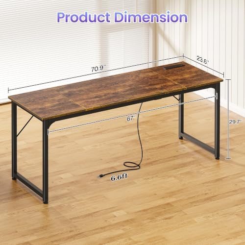 PRAISUN 70 X 24 Inch Computer Desk, Power Outlets, USB-C, Rustic Brown - Image 3