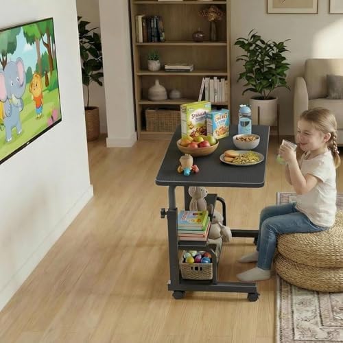 WINAZ Small Portable Rolling Kids Desk - 32" Mobile Laptop Desk with Wheels for Small Spaces, Height Adjustable C Shaped Side Table with 2-Tier Storage Shelves, Black - Image 2