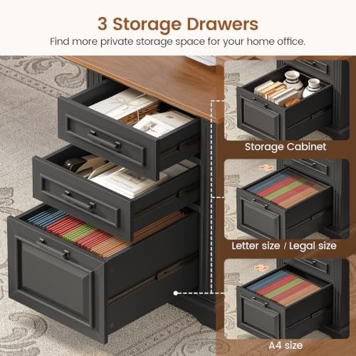 SEDETA Farmhouse 69" Executive L Shaped Desk, Home Office Desk with Drawers and Storage Cabinet & Power Outlet, Corner Computer Desk, Black - Image 2