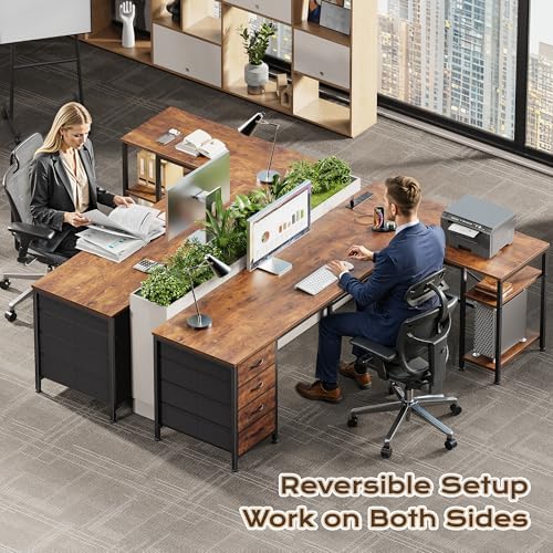 Huuger 63 Inch L Shaped Desk with Fabric Drawers, Computer Office Desk with Power Outlets and USB-C Port, Corner Desk with Storage Shelves, Work Study Home Office, Reversible, Rustic Brown - Image 2