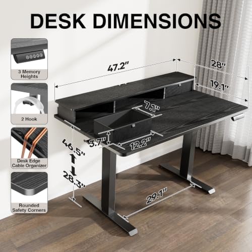 Veken 47x28 in Electric Standing Desk with Drawers, Adjustable Table, Black - Image 3