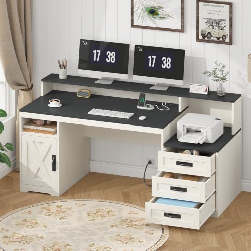 65" Farmhouse Computer Desk with Drawers and Printer Stand for Home Office by TVU