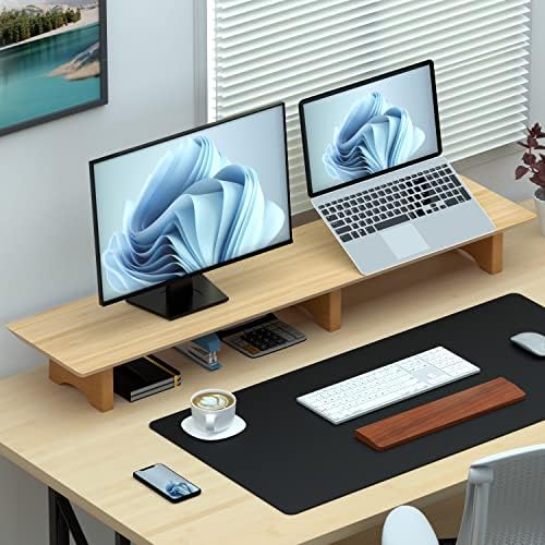 Aothia 43 inch Oak Solid Wood Dual Monitor Stand for Desk, Cork Legs - Image 5