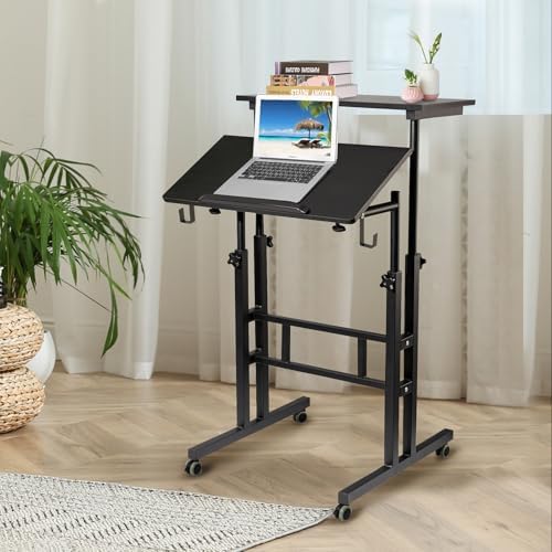 SIDUCAL Mobile Standing Desk, Portable Stand Up, Small Adjustable Converter with Wheels Home Office Workstation, Rolling Desk Laptop Cart for Standing or Sitting, Black - Image 2