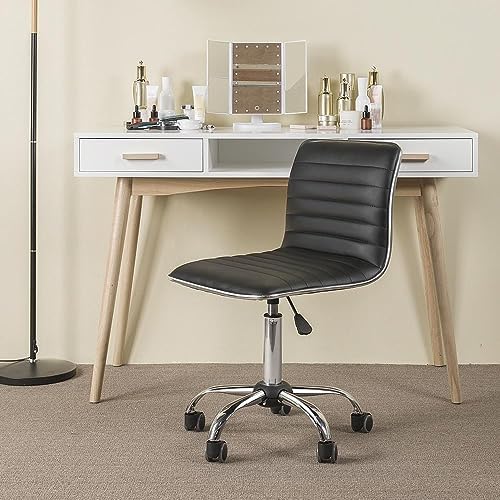 Yaheetech Black Armless Vanity Desk Chair with Wheels, Ribbed PU Leather - Image 2