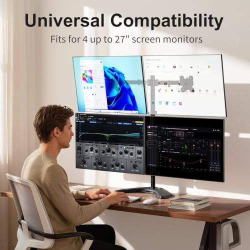 WALI 4 Monitor Stand for 13-27 inch Computer Screens up to 17.6lbs,Adjustable Quad Monitor Mount, Free Standing 4 Monitor Mount Full Motion with Tilt, Rotation, VESA Mount 75/100mm (MF004), Black - Image 7