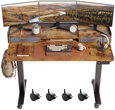 Claiks Standing Desk with Drawers & Wheels, 2 Height Shelf 48" Rustic Brown by CLAIKS
