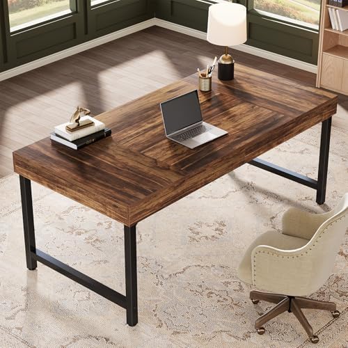 Tribesigns 55" Industrial Executive Desk for Home Office, Rustic Simple Computer Laptop Desk with Strong Metal Legs, Study Writing Table Business Workstation, Small Conference Table, Walnut - Image 7