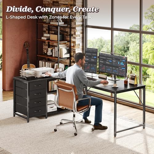 PRAISUN 61" L Shaped Desk with Power Outlets & 4 Drawers - Image 2