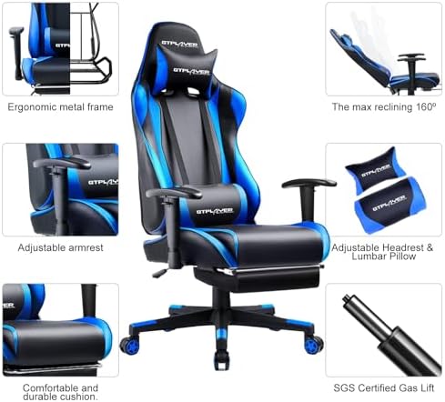 GTPLAYER Gaming Chair with Footrest, Ergonomic Computer Game Desk Chair, Reclining Gamer Chair Seat Height Adjustment, Swivel Rocker with Headrest and Lumbar (Blue) - Image 6