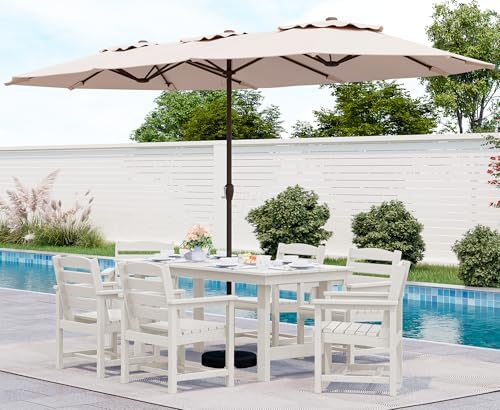 SERWALL HDPE Dining Set with Umbrella, Outdoor Dining Set for 6, White by SERWALL