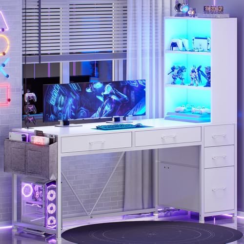 SEDETA Computer Desk with 5 Drawers and Bookshelf, Reversible Home Office Desk with Storage Shelves and File Drawer, Gaming Desk with LED Lights for Small Spaces, White by SEDETA