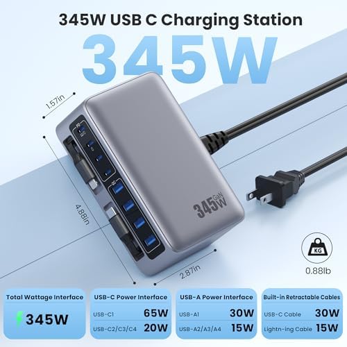 345W USB C Charger 10 in 1 Retractable Wall Charger with 2 Cables,GaN 6 USB C Charging Station Phone Charging PD Laptop Charger Adapter for MacBook Pro/Air,DELL,iPhone17/16/15,Galaxy S24,Android etc - Image 4