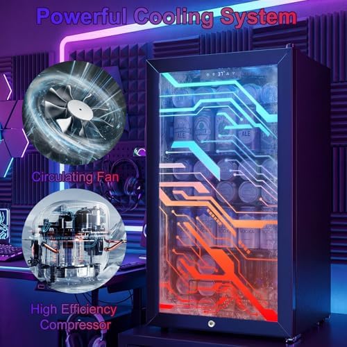 17" Beverage Refrigerator with LED Light Up Door – 128 Can Freestanding Drink Fridge, Small Beer Cooler with 4 Removable Shelves, Child Safety Lockfor Gaming Room Home Bar Party,Cyberpunk - Image 6