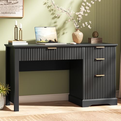 Vabches Fluted Executive Desk with Drawers, Wood Computer Desk with Ample File Drawer, Home Office Desk with Storage for Study, Bedroom, Living Room, Black by Vabches