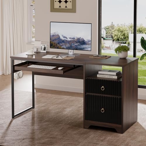 Bestier 55 Inch Wood Computer Desk with File Drawer & Keyboard Tray, Cherry - Image 2