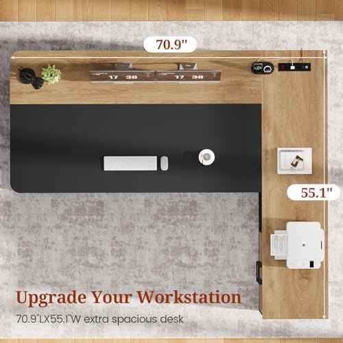 UPOSOJA 71" Executive Desk, Large Office Desk with Drawers & Storage Shelves, Modern L Shaped Computer Desk Corner Desk with Power Outlets, File Cabinet, Business Furniture Desk Workstation (Oak) - Image 3